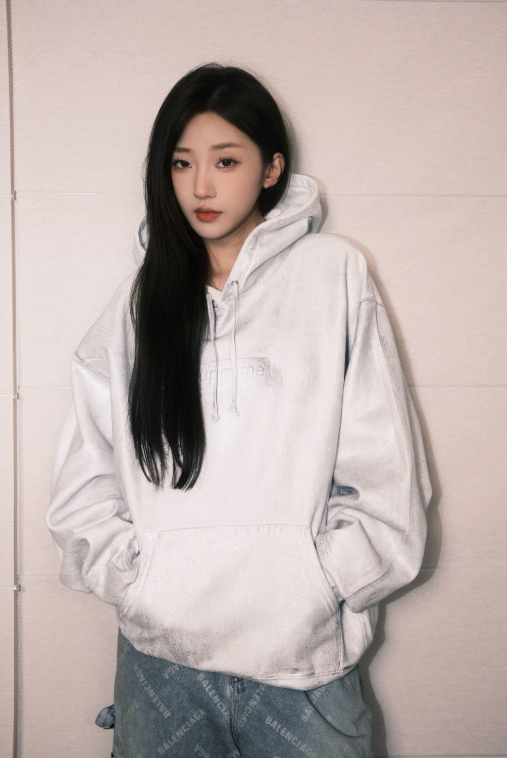 SUPREME/MM6 MAISON MARGIELA Men's and Women's Spring and Autumn Tie-Dye Washed Logo Solid Color Pocket Hooded Sweatshirt Pullover #73148