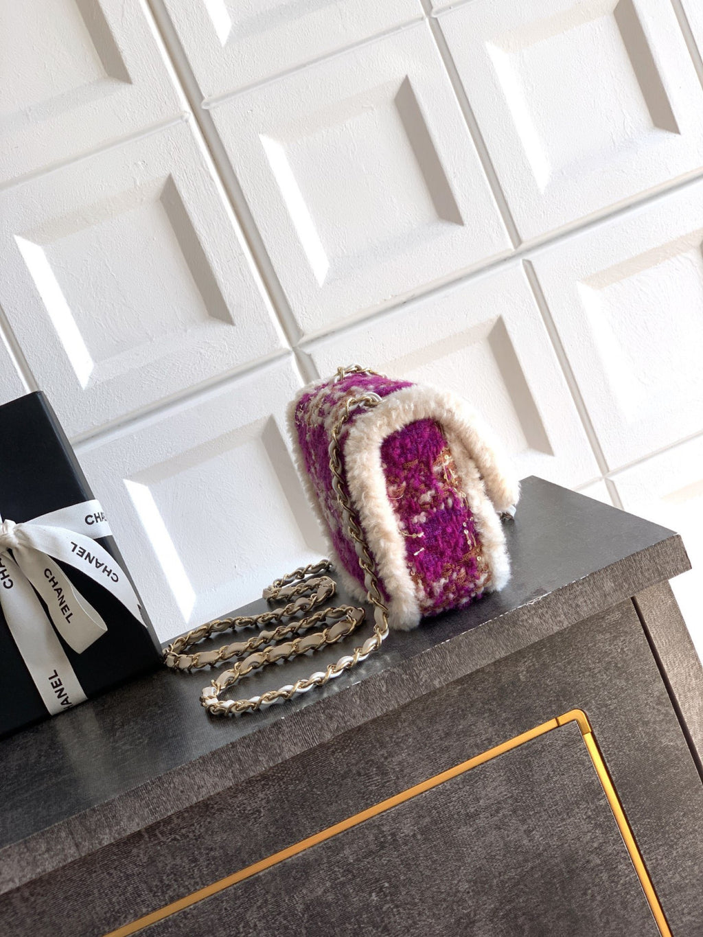 Chanel Large Flap Bag Tweed Shearling Lambskin #333980