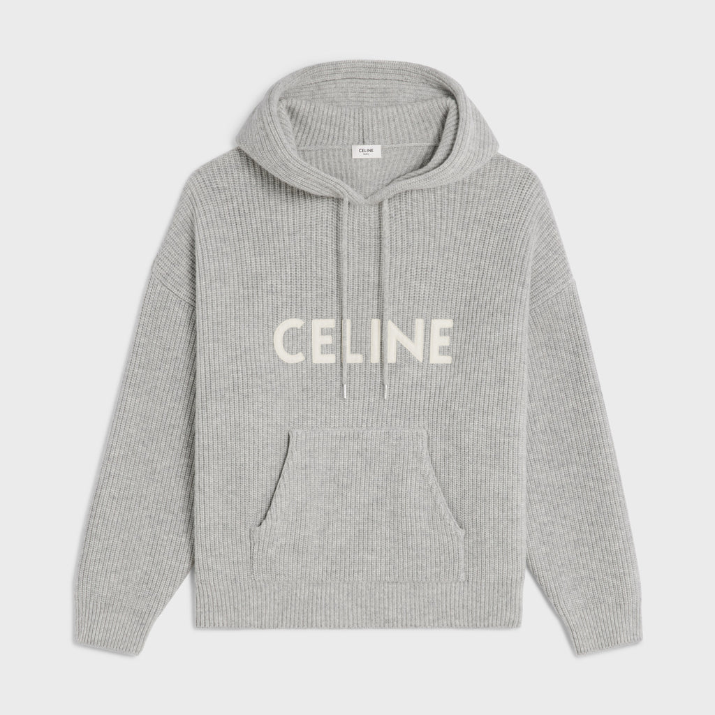 Celine Men's and Women's Autumn/Winter Grey Ribbed Wool Knit Hooded Sweatshirt Pullover #97672