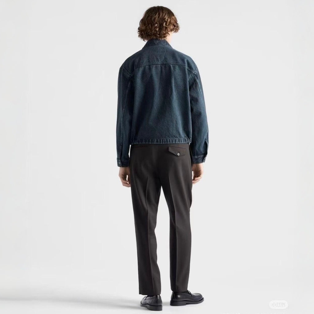 PRADA Men's Obsidian Denim Bomber Jacket Shirt-collar Zip-up Logo Long-sleeve Denim Jacket #332258