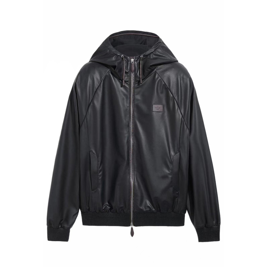 Berluti Men's Spring/autumn Fashion Casual Solid Color Zipper Leather Hooded Long Sleeve Jacket #78367