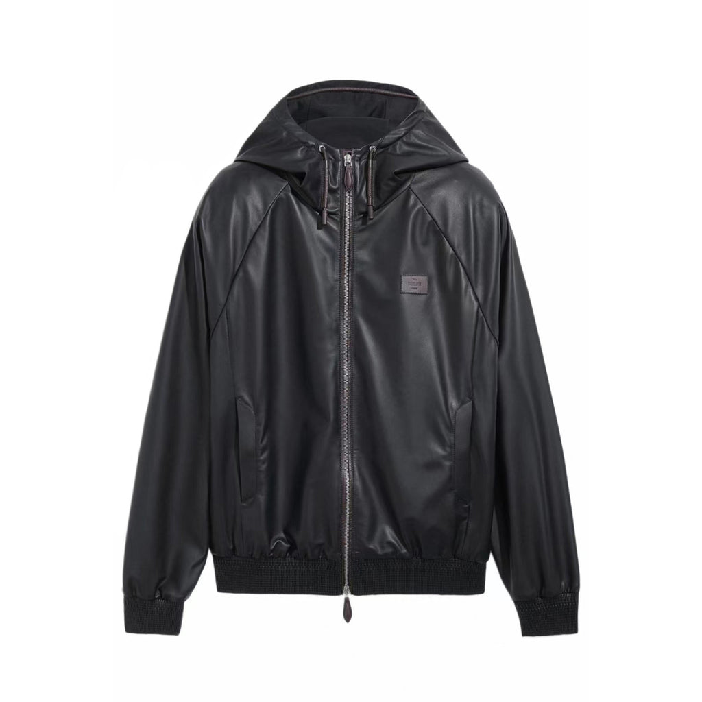 Berluti Men's Spring/autumn Fashion Casual Solid Color Zipper Leather Hooded Long Sleeve Jacket #78367