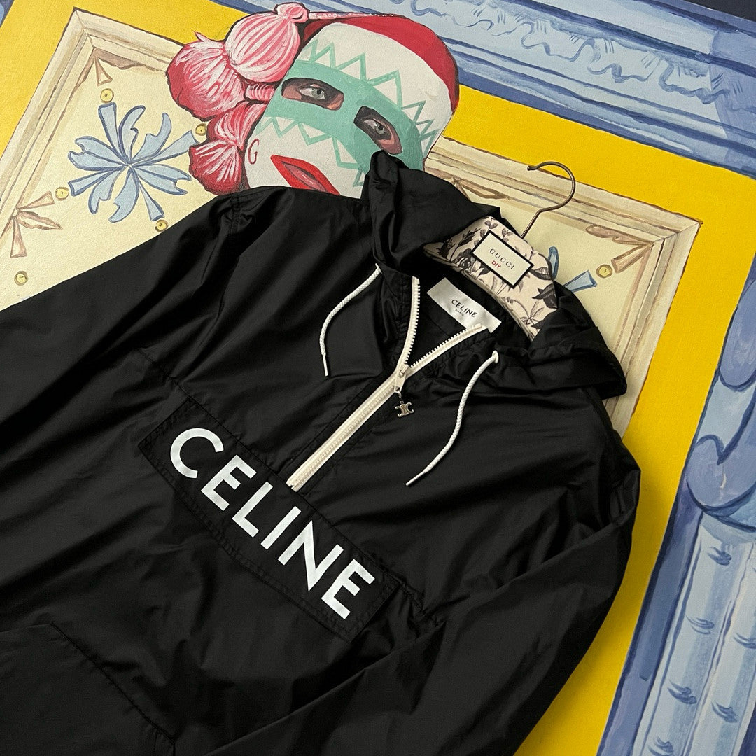 Celine Men's Spring and Fall Logo Printed Nylon Regular Fit Half Zip Hooded Pullover Jacket #98419