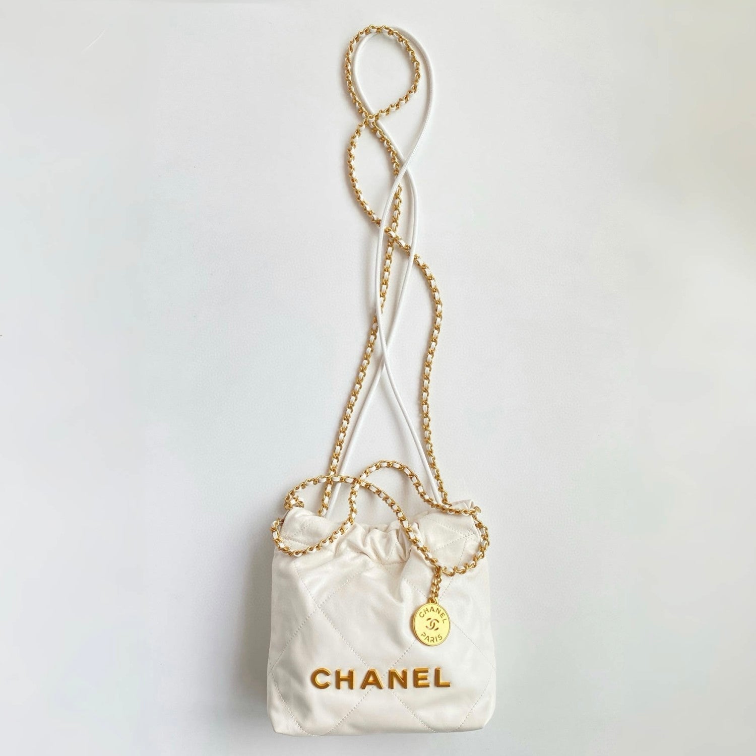 Chanel Women's Solid Color Logo Drawstring Closure Chain Shoulder Strap Glossy Calfskin Shoulder Crossbody Bag Bags #77838