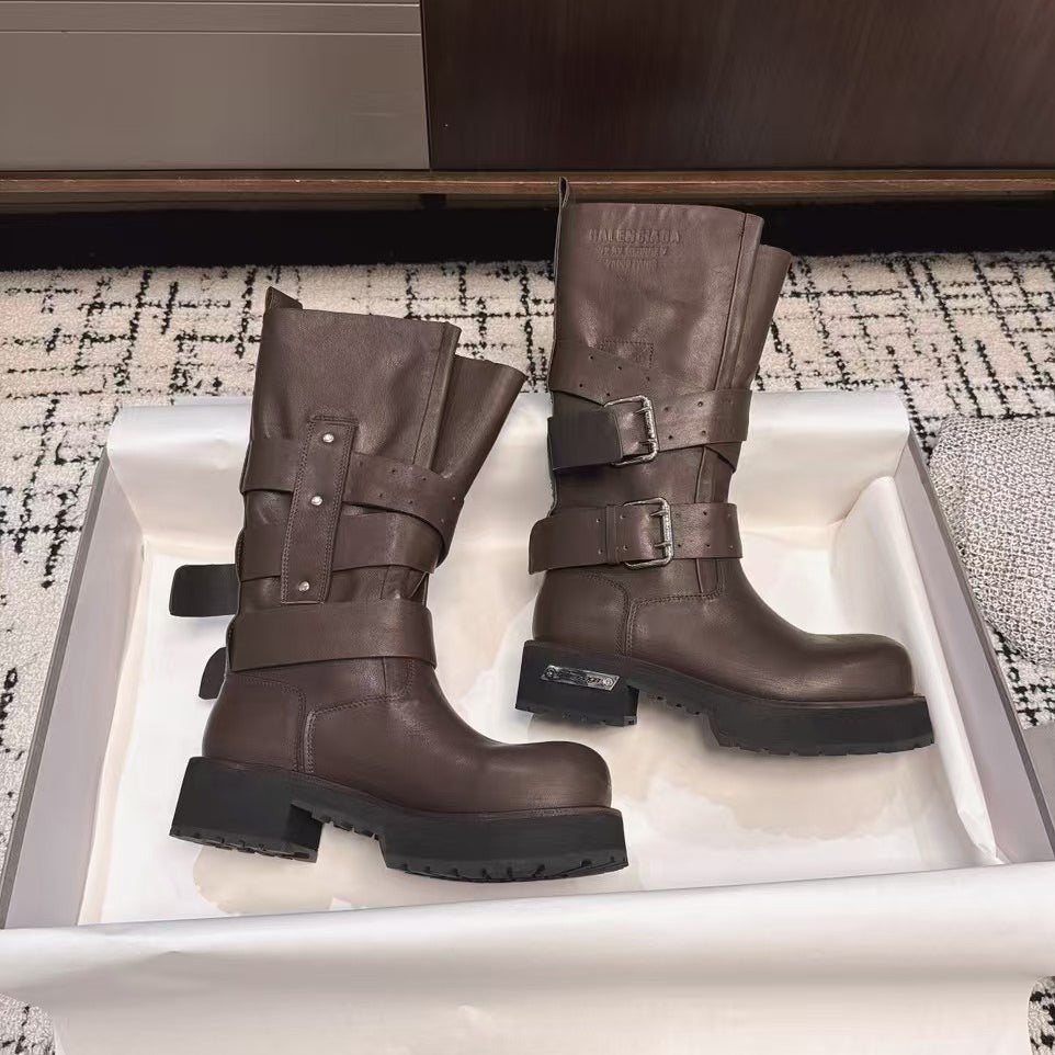 Balenciaga Women's Four Seasons Solid Color Grained Cowhide Tall Martin Boots Shoes #76425