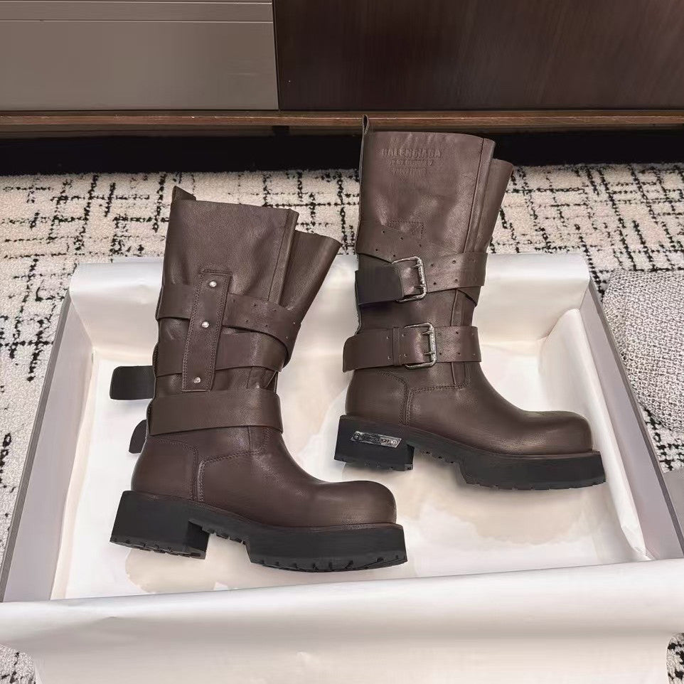 Balenciaga Women's Four Seasons Solid Color Grained Cowhide Tall Martin Boots Shoes #76425