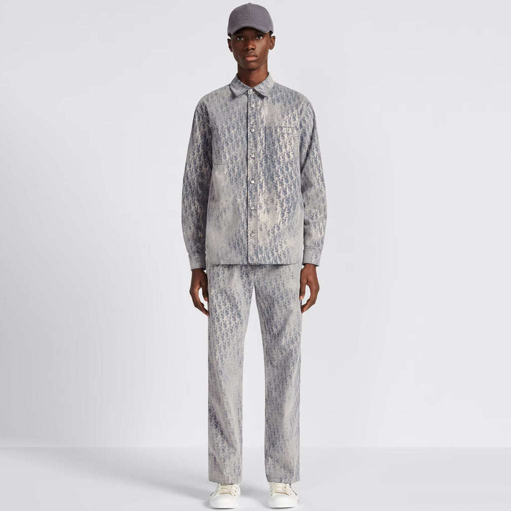 Dior Men's Autumn And Winter Grey Logo Full Print Old Single-Breasted Long-Sleeved Shirt Pants Suit Set #97715