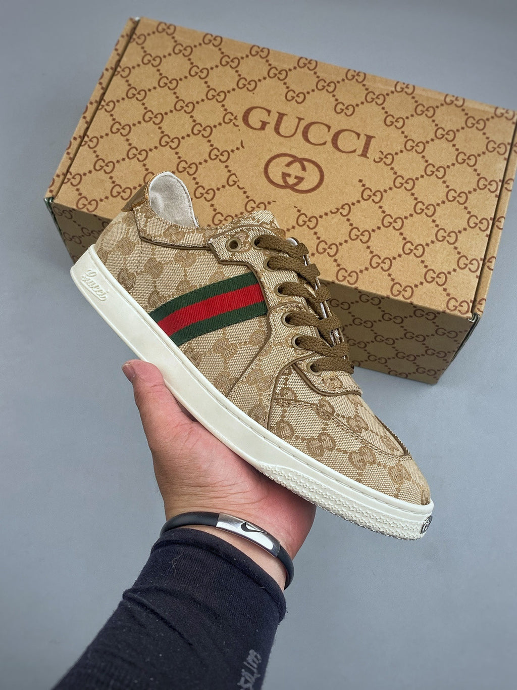 GUCCI Men's Stretch Low-top Sneaker in Sand and  GG canvas #383928