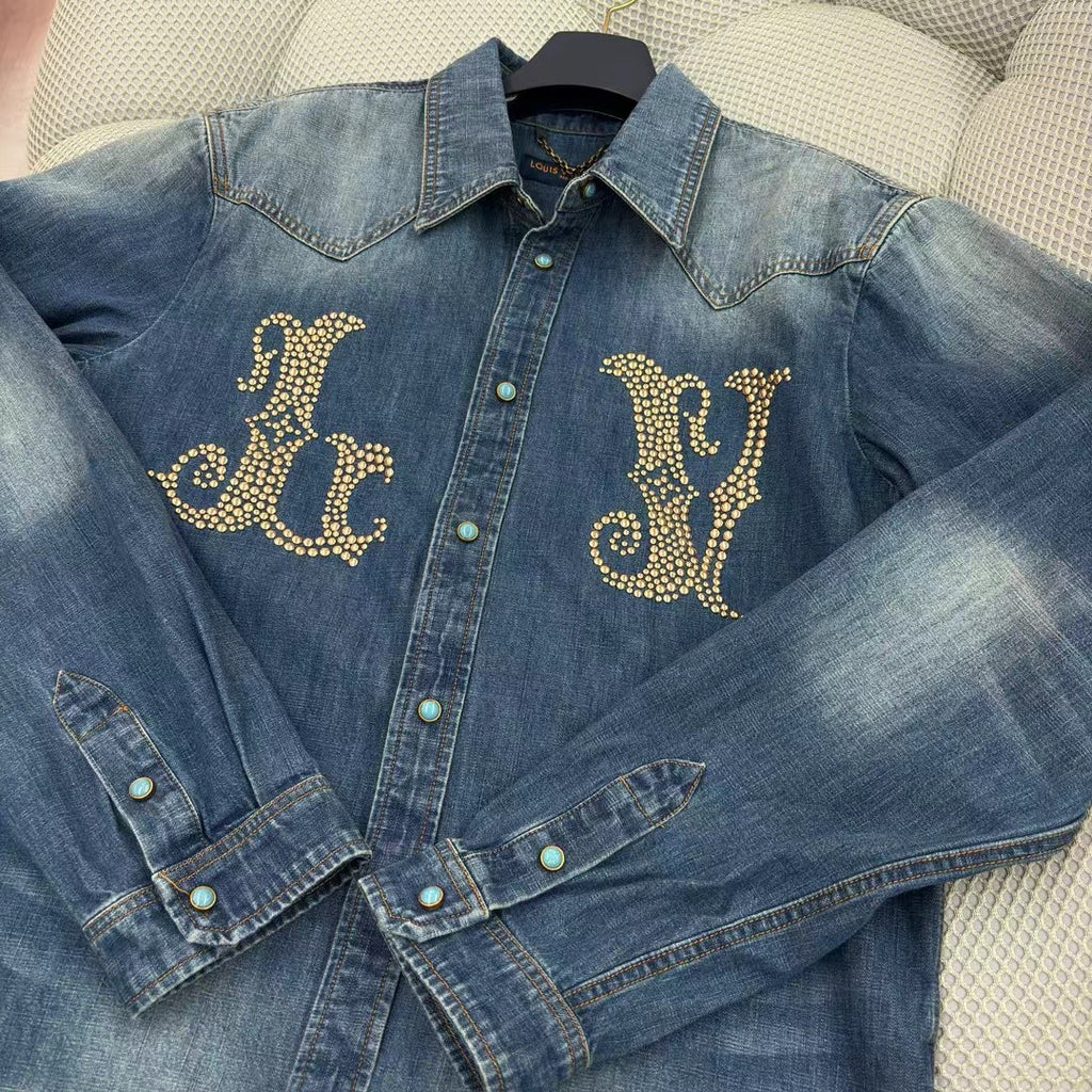 Louis Vuitton Men's Spring And Fall Cotton Logo Rivets Embellished Single-Breasted Slim Long-Sleeved Blue Denim Shirt #71621