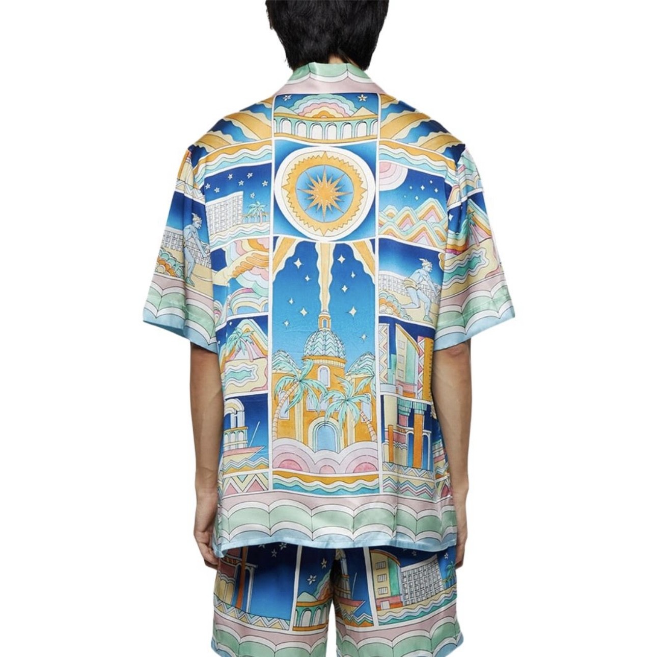 Casablanca Men's Summer City Print Single-Breasted Short-Sleeved Shirt and Casual Drawstring Shorts Set Suit #77128