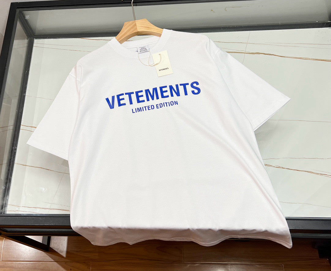 Vetements Men's and Women's Summer Letter Logo Printed Solid Colour Drop Shoulder Short Sleeve T-Shirt #99272
