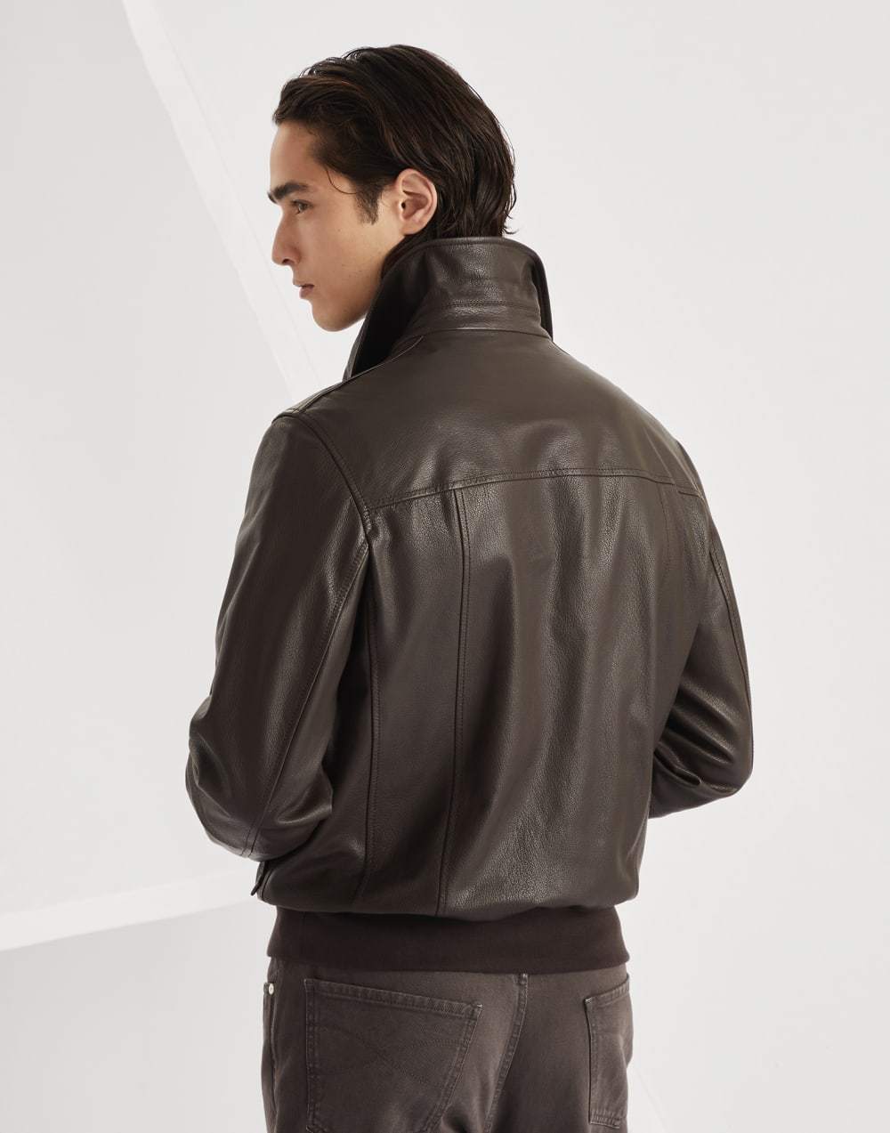 Brunello Cucinelli Men's Spring/Autumn Sheepskin Solid Color Zipper Collar Long Sleeve Grained Leather Aviator Jacket Ngvp #2286