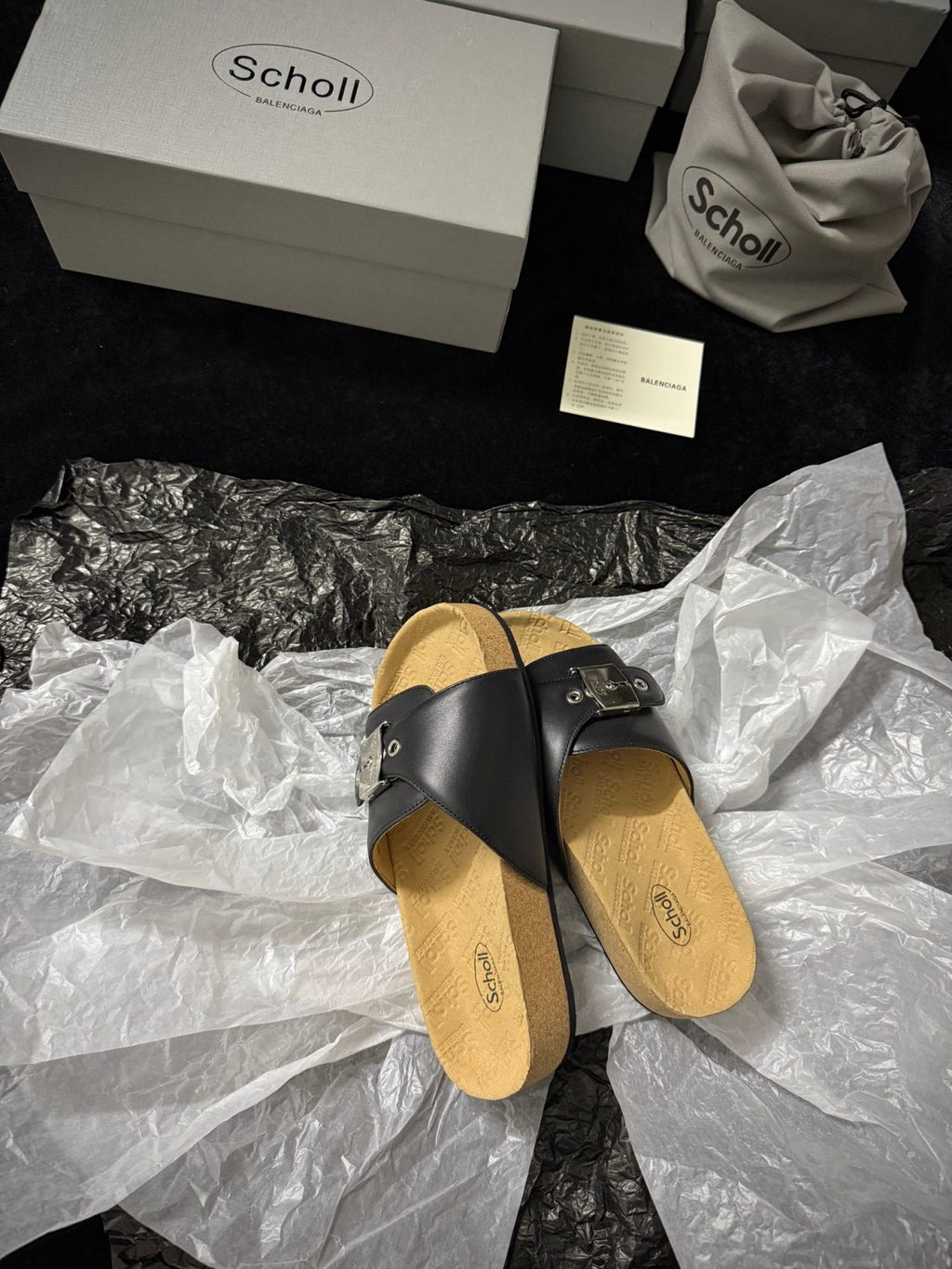Balenciaga Scholl Men's and Women's Summer Black Cowhide Leather Flat Sandals Slippers Shoes #77655