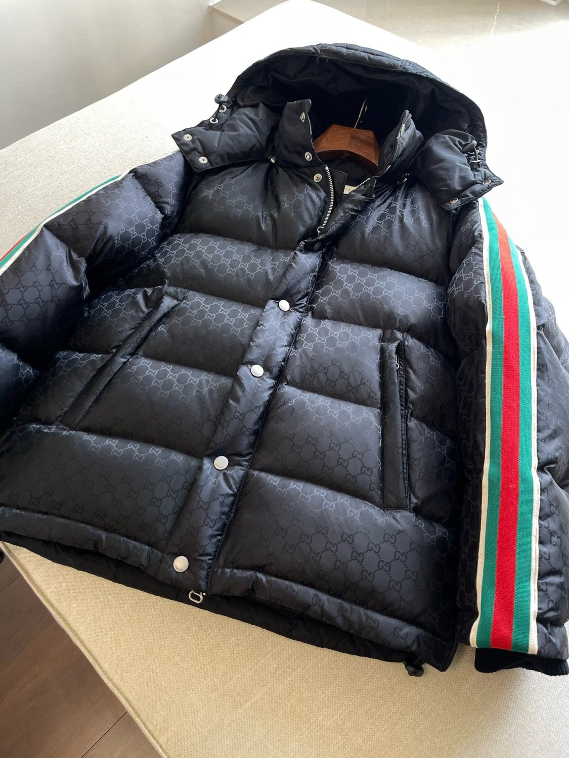 Gucci Men's Fall/Winter Black Trimmed Webbing GG Nylon Jacquard Hooded Zipper Long Sleeve Puffer Down Jacket #73728