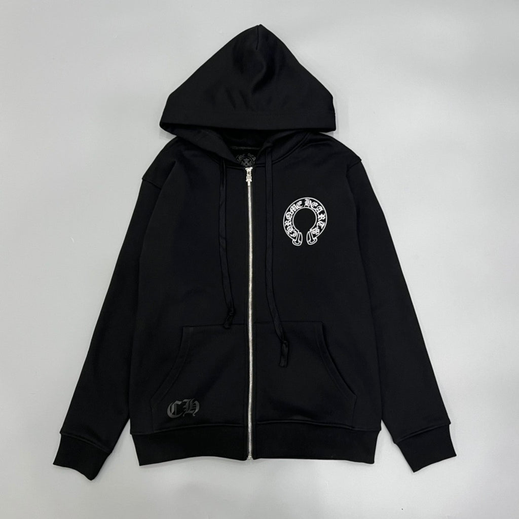 Chrome Hearts Men's and Women's Fall/Winter Fashion Casual Solid-Color Minimalist Sanskrit Letter Small Logo Print Hooded Zipper Sweatshirt Jacket #78517