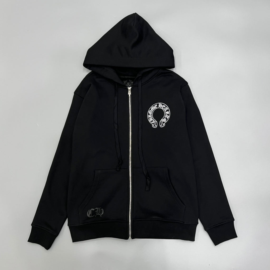 Chrome Hearts Men's and Women's Fall/Winter Fashion Casual Solid-Color Minimalist Sanskrit Letter Small Logo Print Hooded Zipper Sweatshirt Jacket #78517