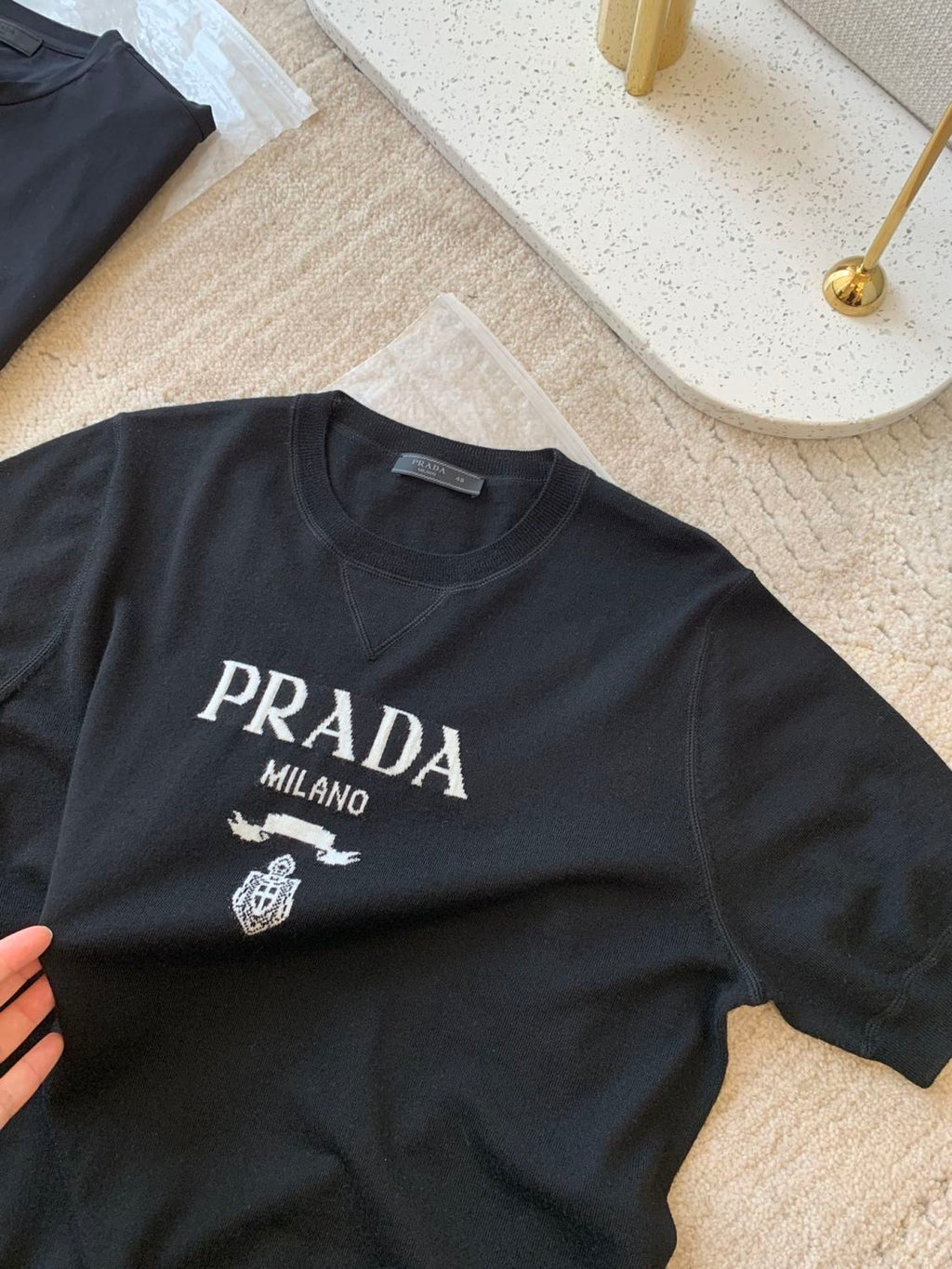 Prada Men's Summer Dark Blue Letter Print Round Neck Cotton Short Sleeve T-Shirt #99512