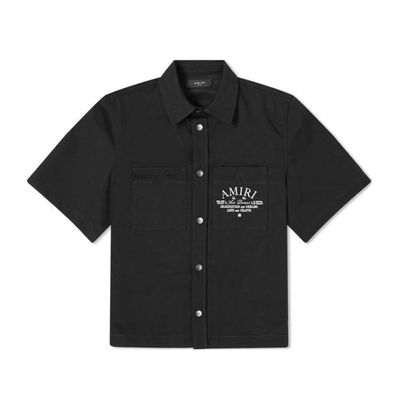 Amiri Men's Arts District Camp Solid Color Logo Embroidered Lapel Single Breasted Short Sleeve Shirt #76214