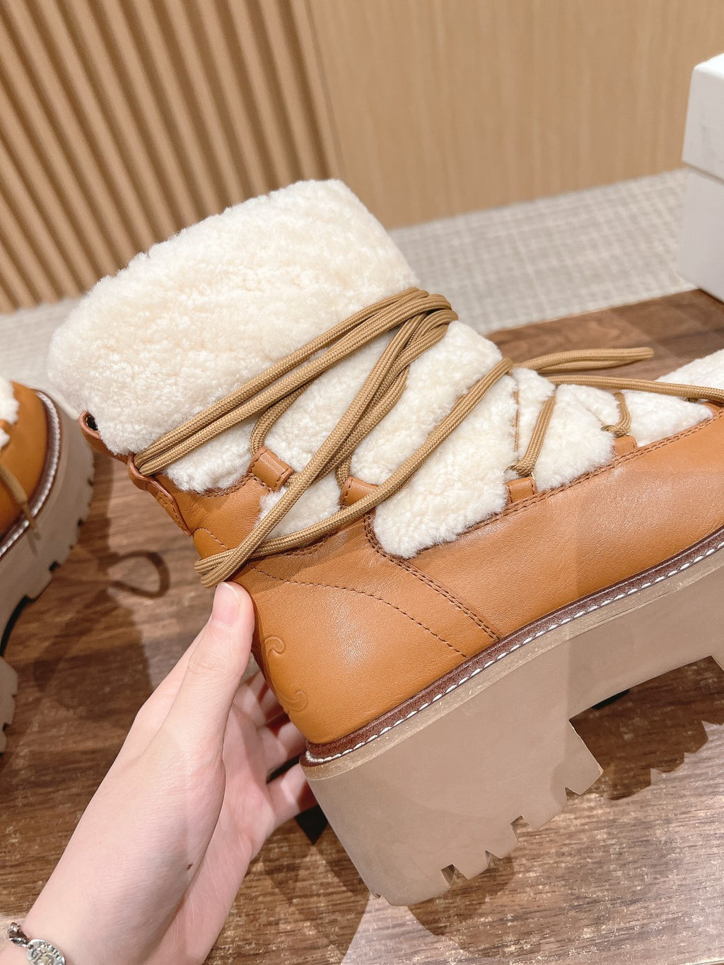 Celine Bulky Lace Up Boot in Shearling and Calfskin #292286