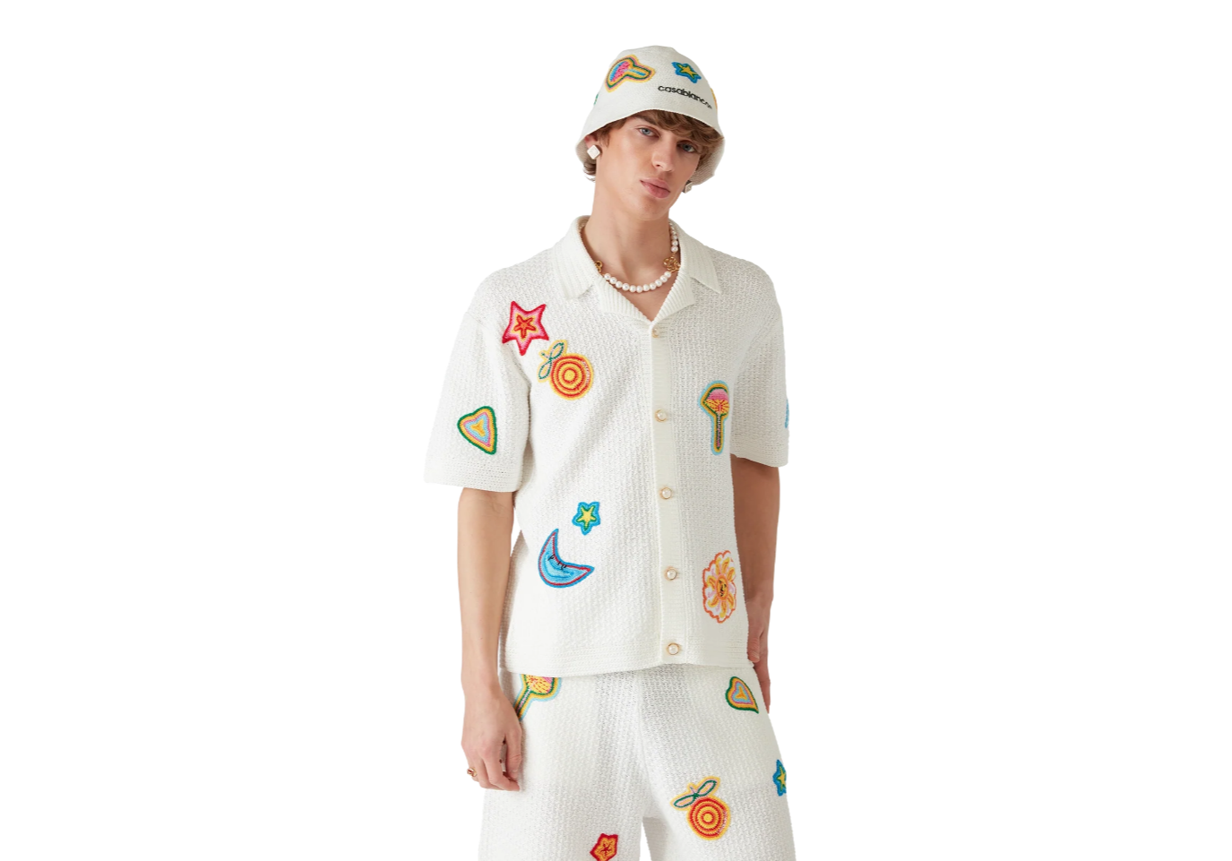 Casablanca Men's Summer Embroidered Solid-Color Cotton Loose-Fit Knit Short-Sleeve Shirt Casual Drawstring Mid-Rise Motif Crochet Shorts Suit Set Ngvp #2392