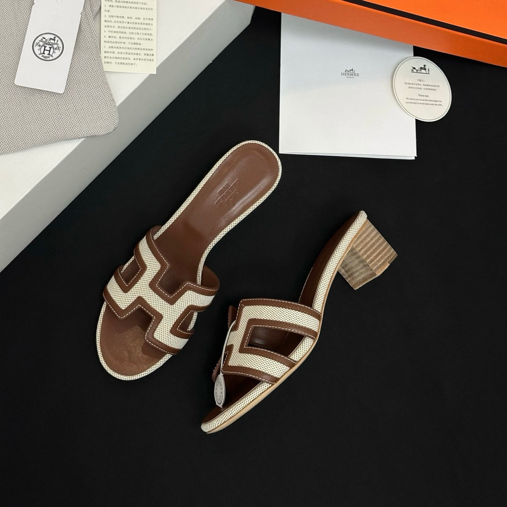 Hermès High-heeled Denim Patchwork Slippers #385101
