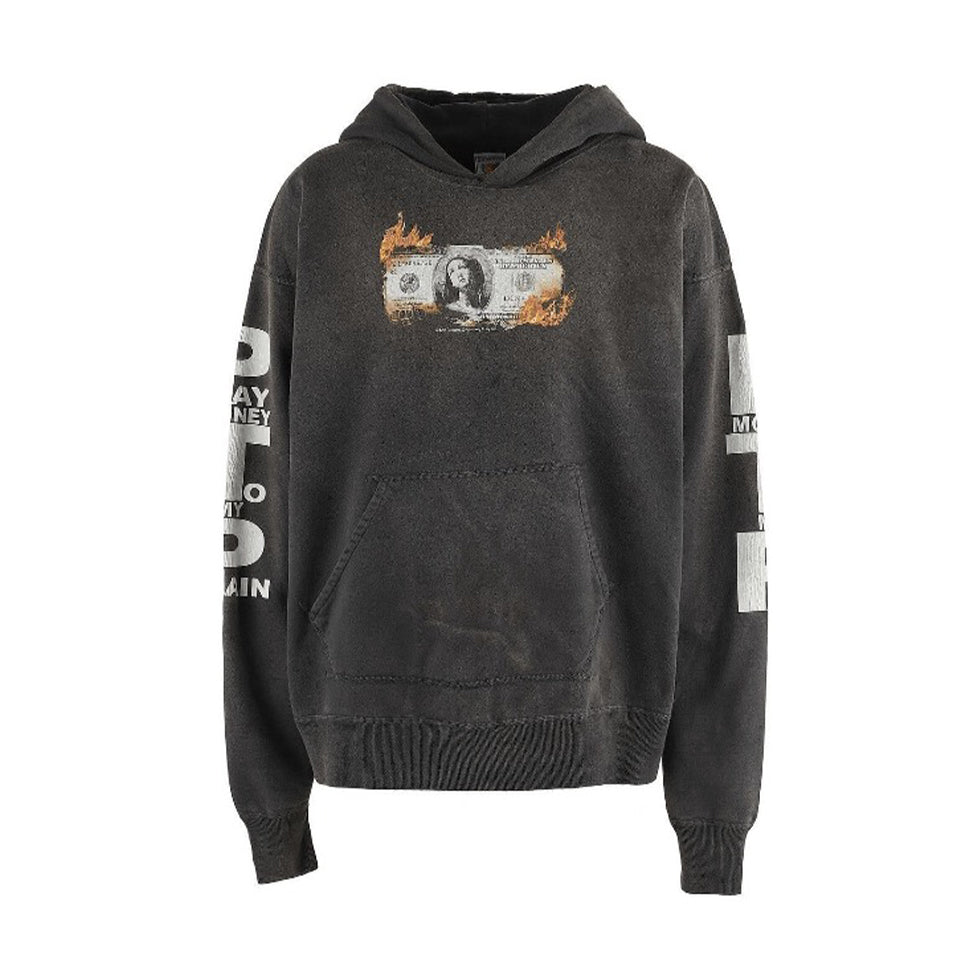 Saint Michael x Pay Money To My Pain Men's Women's Spring And Autumn Cotton Patterned Printed Long Sleeve Fitted Black Hooded Sweatshirt Ngvp #9353