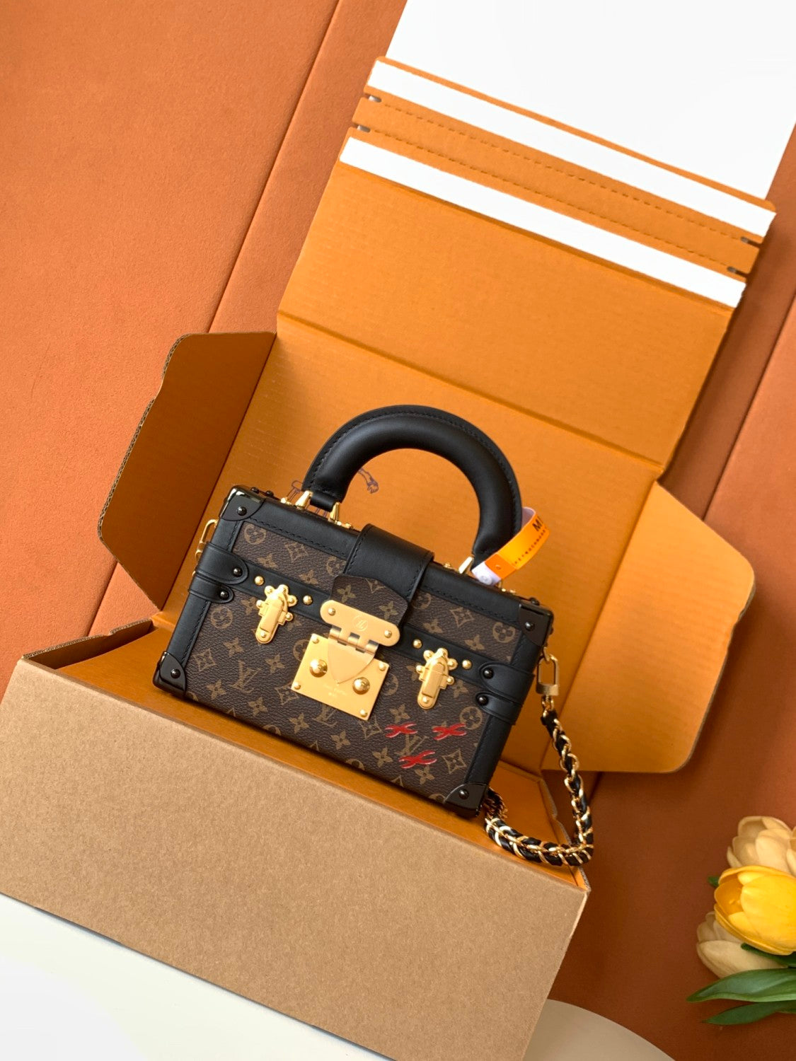 Louis Vuitton PETITE MALLE Women's Brown Letter Print Removable Adjustable Simple Magnetic Clasp Canvas and Leather Trim Box Bag Handbag Shoulder Bags #77526