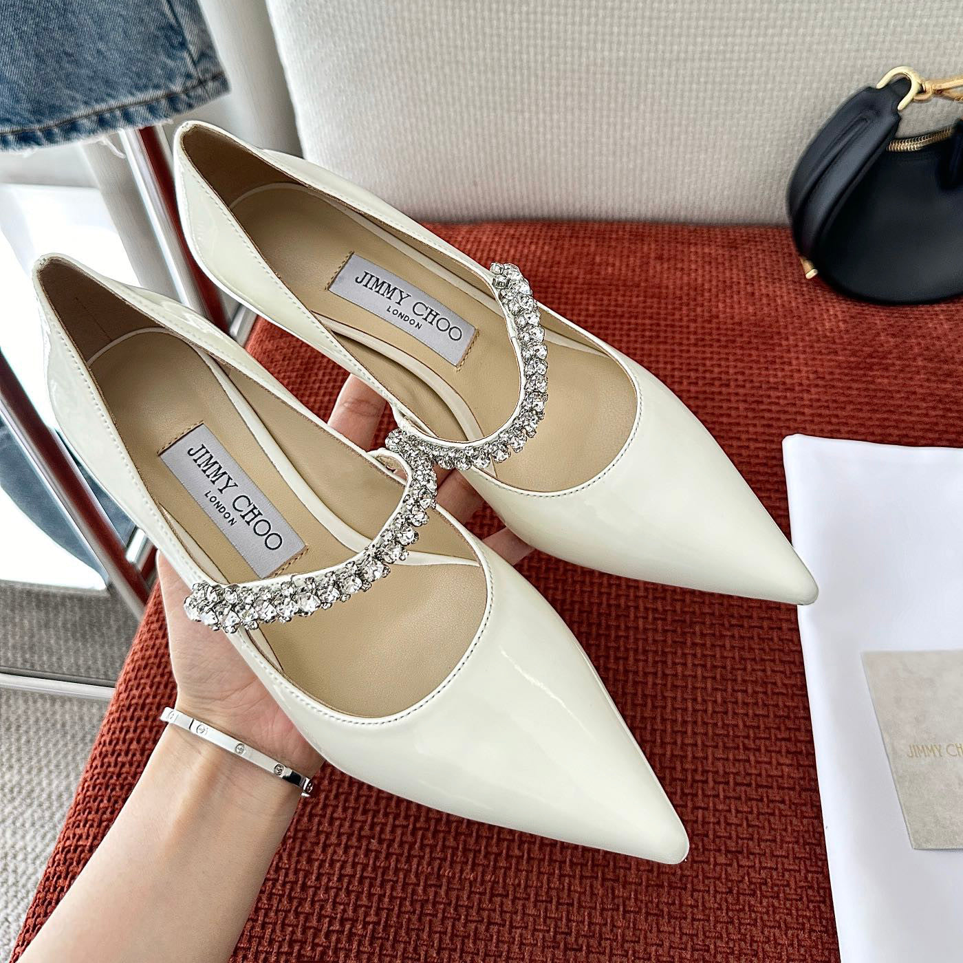 JIMMY CHOO BING PUMP 65 Women's Summer Solid Color Crystal Decorated Patent Leather High Heels Shoes #77334