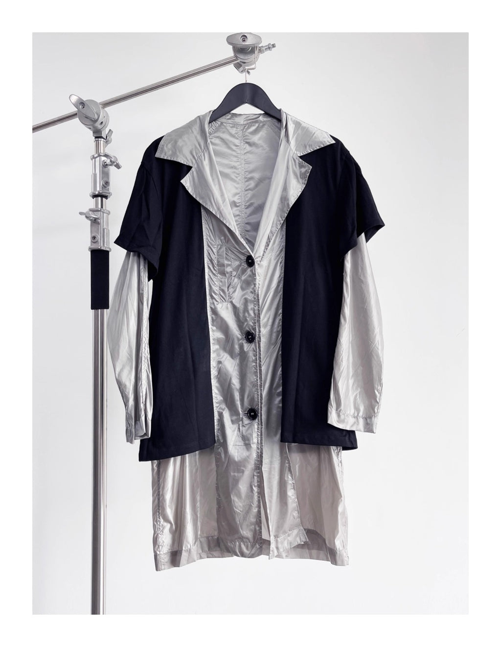 Raf Simons Men's Spring And Summer Punk Fake Two Pieces Splicing Silver Poplin Long Trench Coat Loose Jacket Ngvp #2464