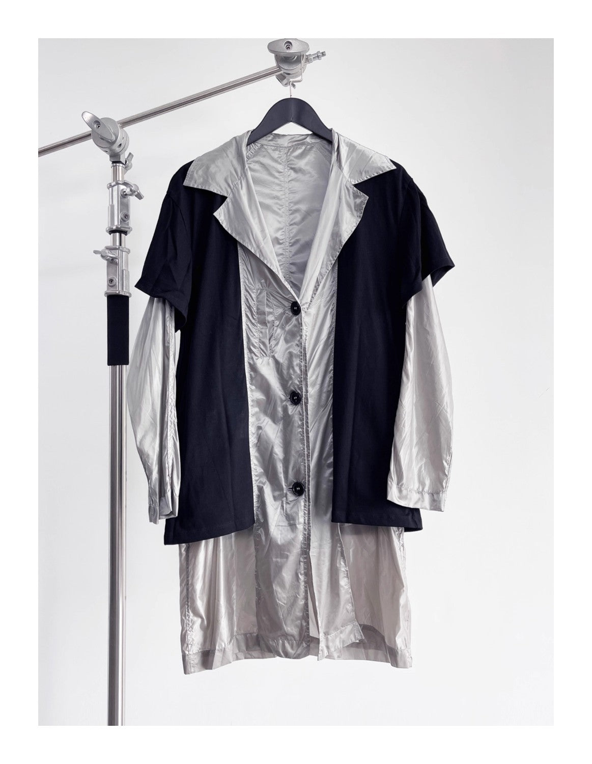 Raf Simons Men's Spring And Summer Punk Fake Two Pieces Splicing Silver Poplin Long Trench Coat Loose Jacket Ngvp #2464