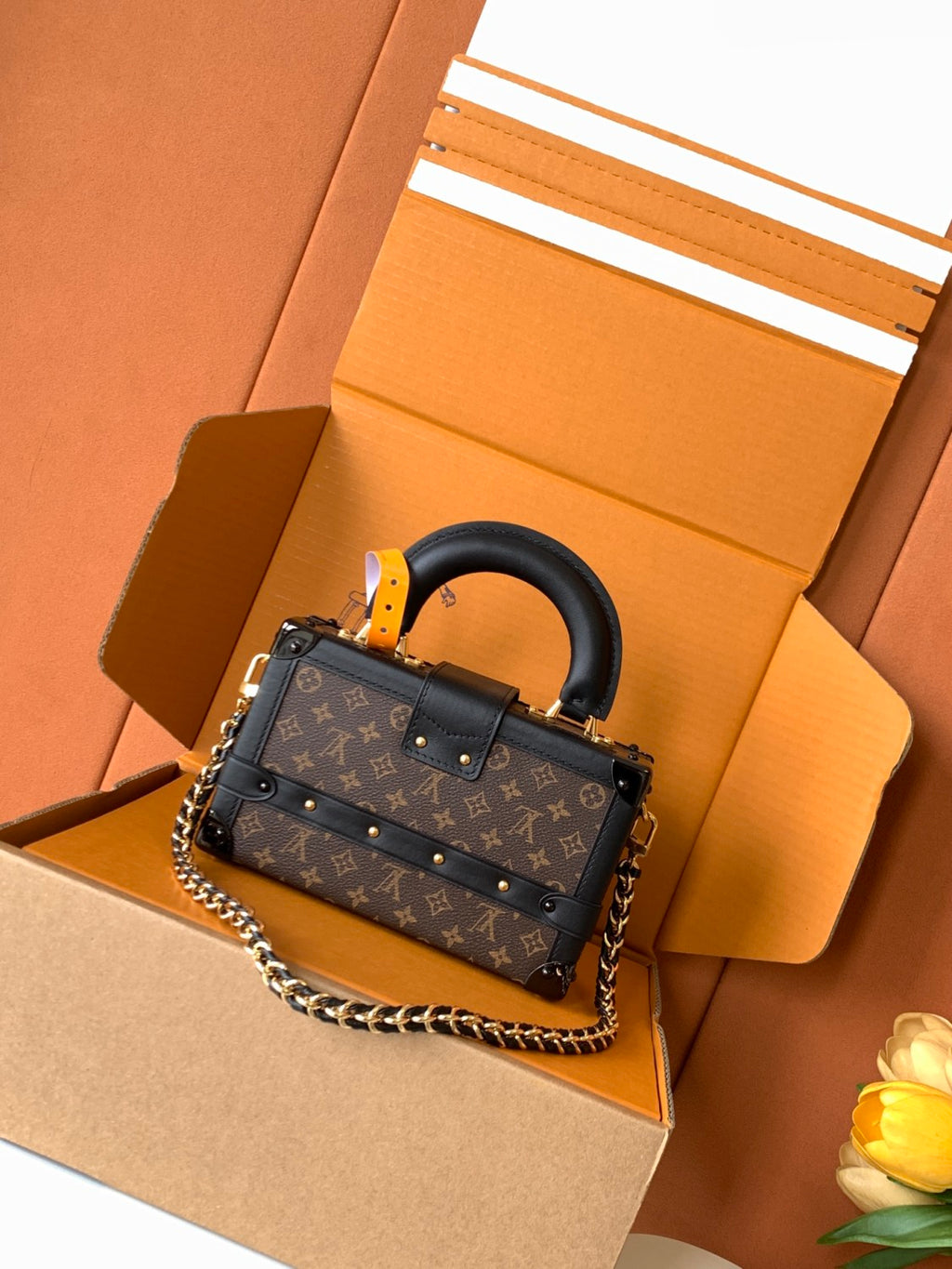 Louis Vuitton PETITE MALLE Women's Brown Letter Print Removable Adjustable Simple Magnetic Clasp Canvas and Leather Trim Box Bag Handbag Shoulder Bags #77526