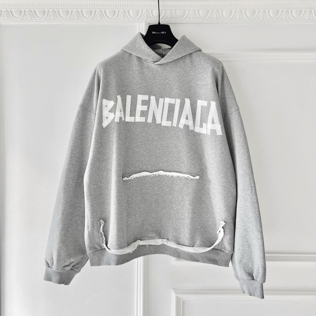 Balenciaga Men's Spring and Autumn Gray Letter Logo Printed Hooded Long Sleeve Sweatshirt Pullover #73489