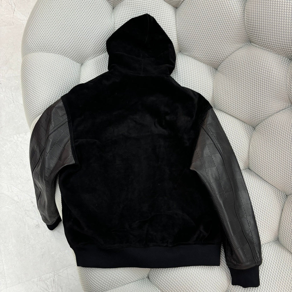 Louis Vuitton Men's Fall And Winter Black Suede Patchwork Hooded Drawstring Zipper Long Sleeve Jacket #73125