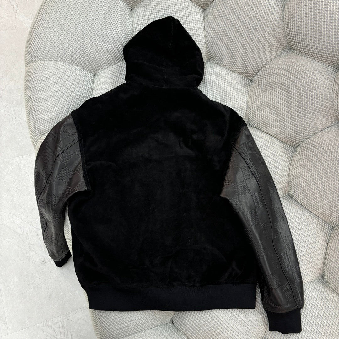 Louis Vuitton Men's Fall And Winter Black Suede Patchwork Hooded Drawstring Zipper Long Sleeve Jacket #73125