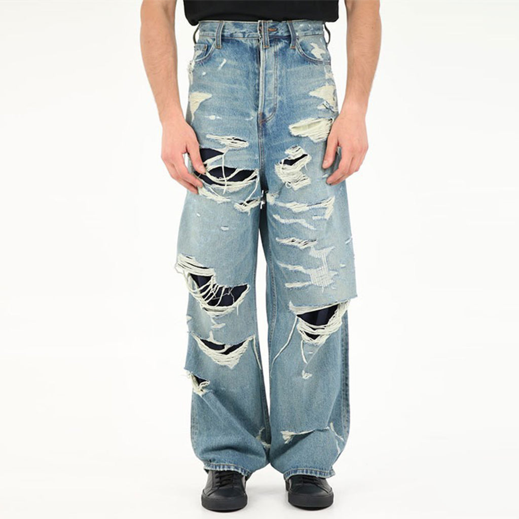 Balenciaga Men's Women's Four Seasons Fashion Destroyed Denim Trousers Blue Double Layer Casual Fit Straight Jeans Pants Ngvp #8933