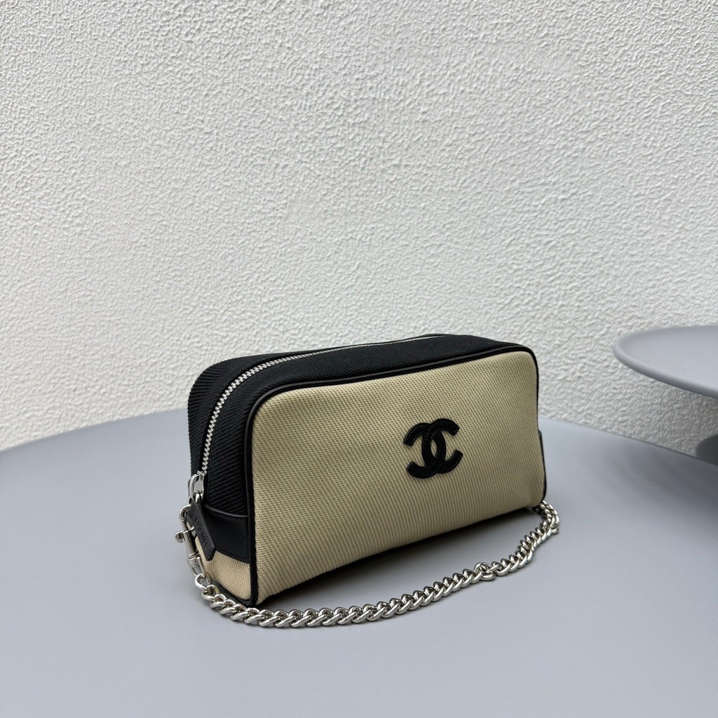 Chanel Large Zipped Pouch Canvas Calfskin Silver-tone Metal Blue And Black Stylish And Elegant Make-up Bag Bags #84397A