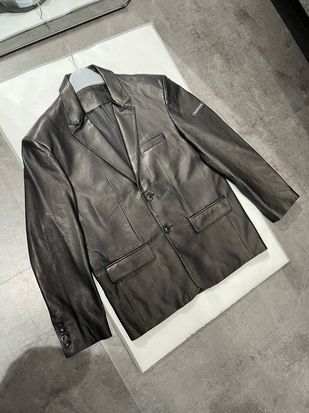 Balenciaga Men's Fall/Winter Black Logo Labeled Single Breasted Regular Fit Long Sleeve Leather Jacket #98955