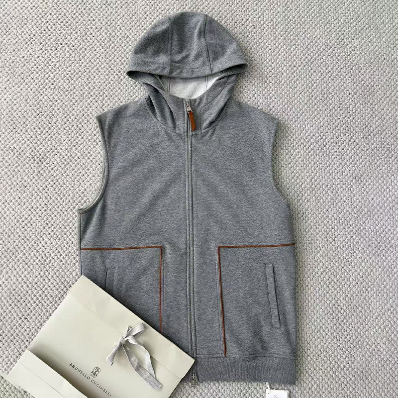 Brunello Cucinelli Men's Hooded Two-Way Zipper Spring & Autumn Solid Color Cotton Sleeveless Waistcoat Vest Ngvp #1765