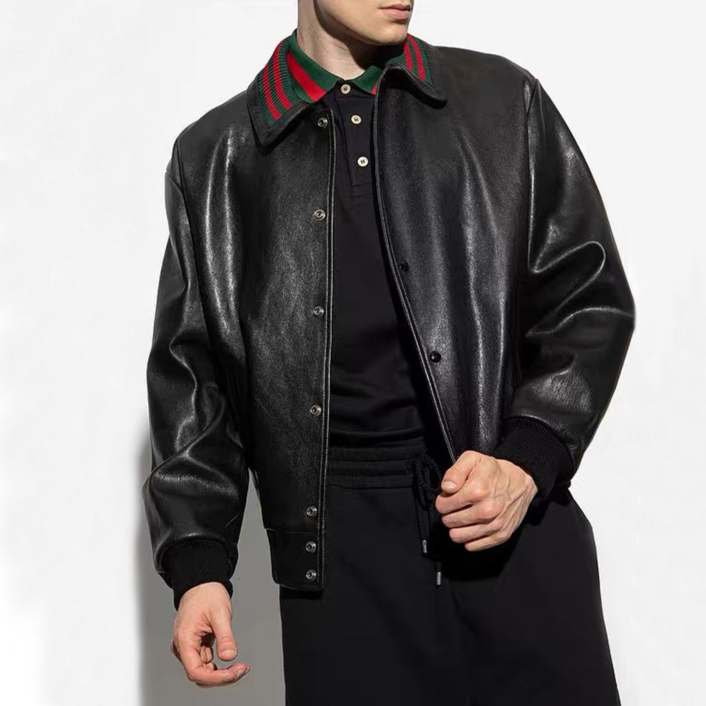 Gucci Men's Fall/Winter Striped Lapel Single Breasted Fitted Long Sleeve Black Leather Jacket Coat #99964