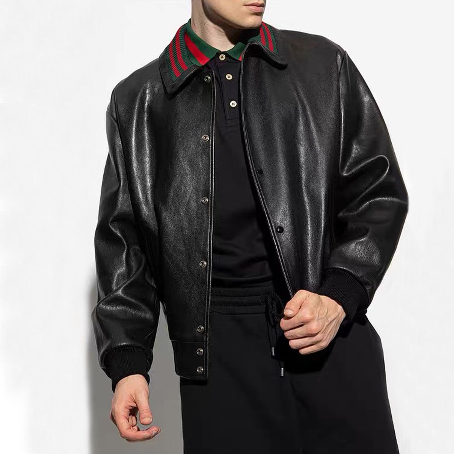 Gucci Men's Fall/Winter Striped Lapel Single Breasted Fitted Long Sleeve Black Leather Jacket Coat #99964