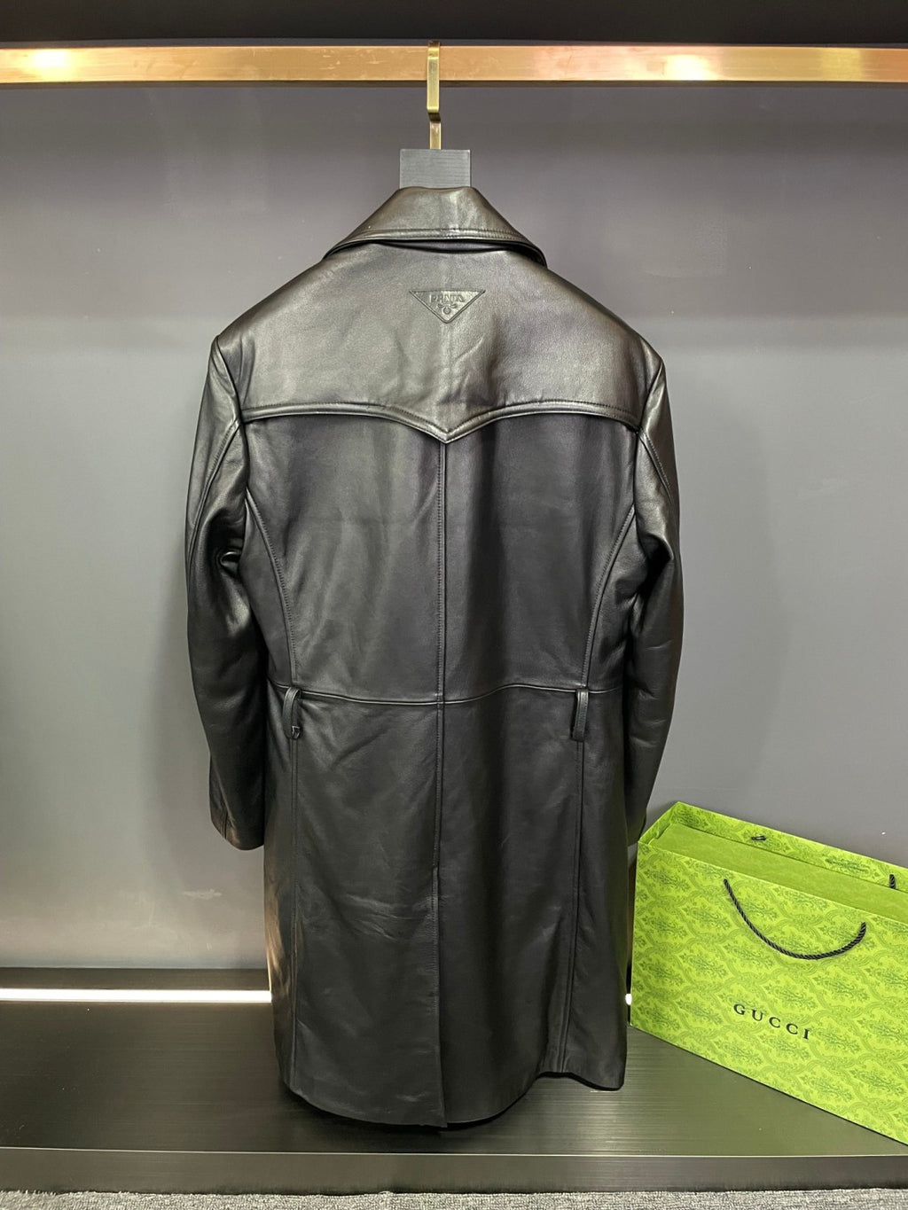 Prada Men's Fall And Winter Fashion Double-Breasted Strap Waist Long Casual Black Long-Sleeved Cowhide Trench Coat Jacket #9297