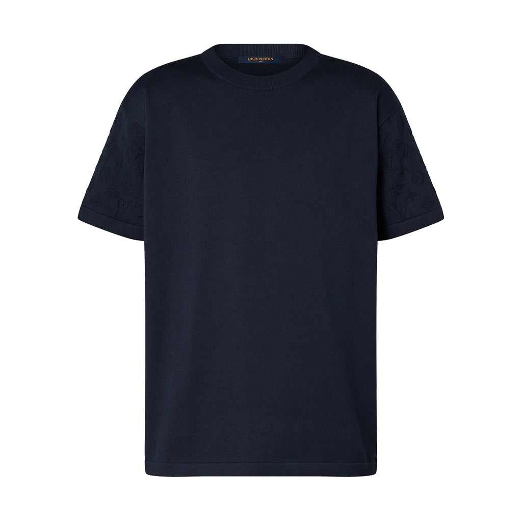 Louis Vuitton Men's Summer Letter Jacquard Pattern Navy Round Neck Cotton Short Sleeve T-Shirt #97886
