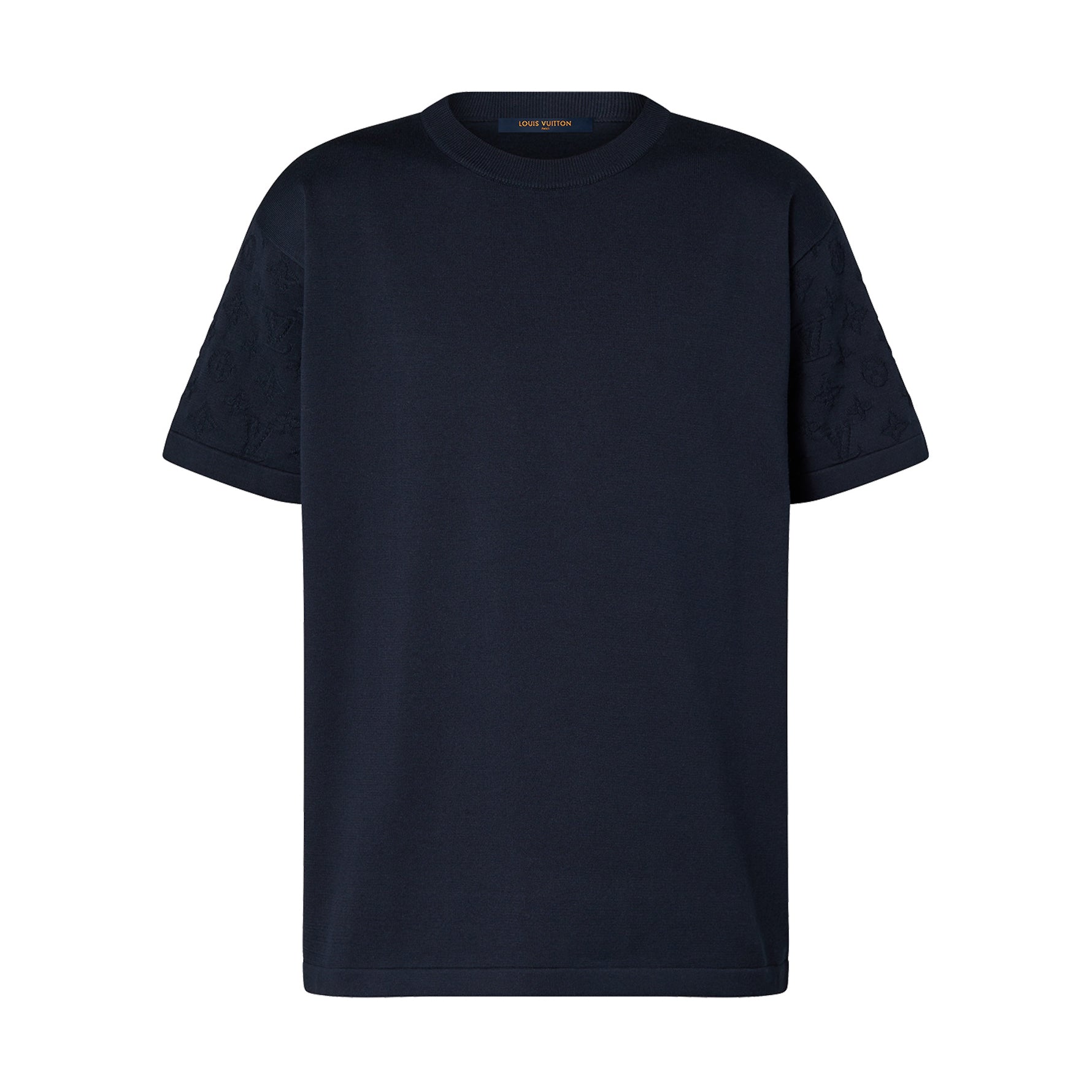 Louis Vuitton Men's Summer Letter Jacquard Pattern Navy Round Neck Cotton Short Sleeve T-Shirt #97886