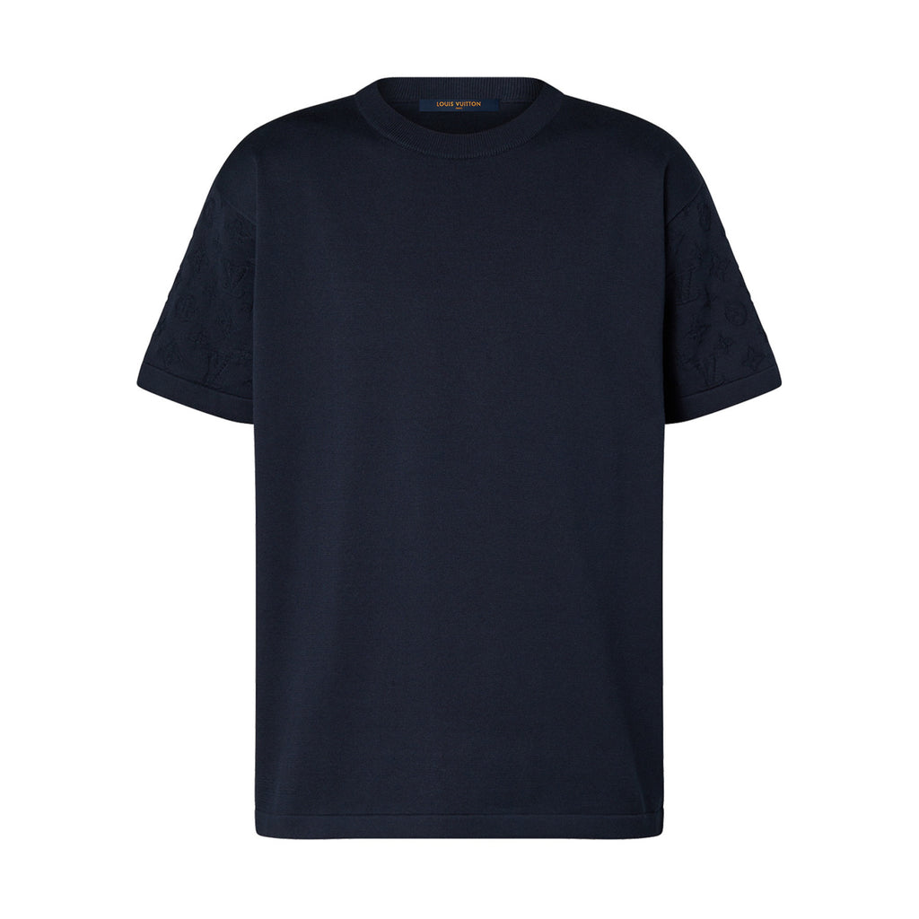 Louis Vuitton Men's Summer Letter Jacquard Pattern Navy Round Neck Cotton Short Sleeve T-Shirt #97886