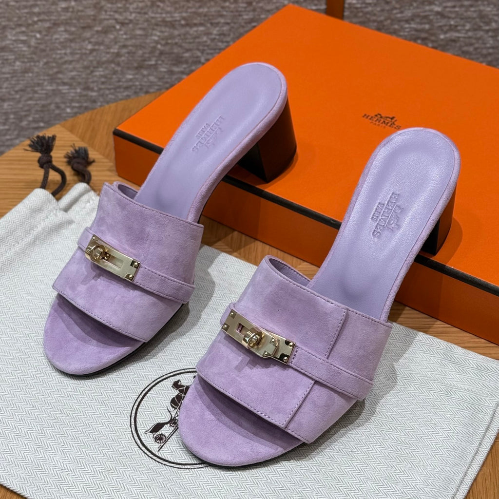Hermes Gigi 50 Women's Summer Solid Color Metal Buckle Round Toe Suede Leather High Heel Sandals Shoes #77668