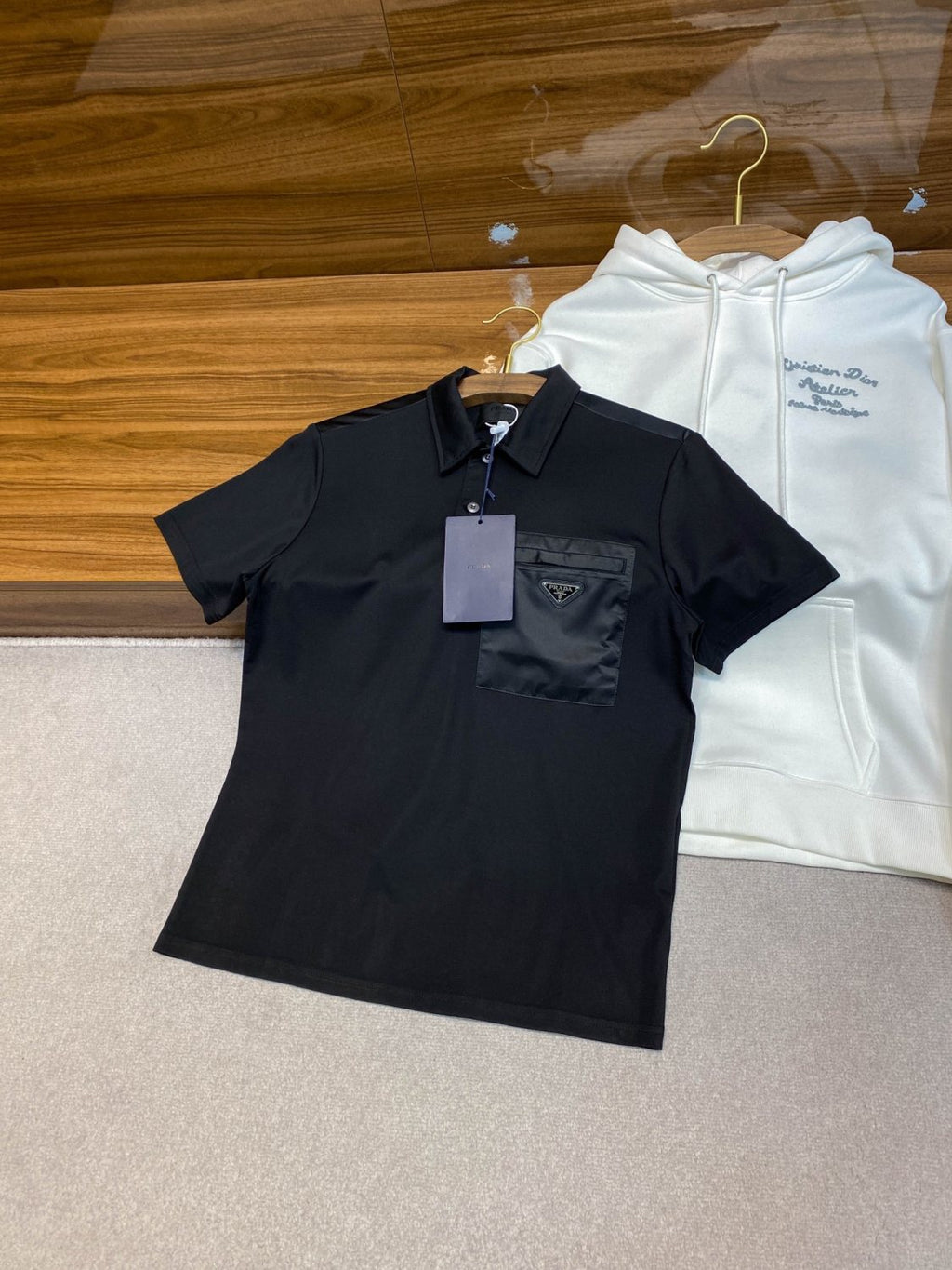 Prada Men's Summer Black Triangle Label Pocket Polo Neck Cotton Short Sleeve T-Shirt #74815