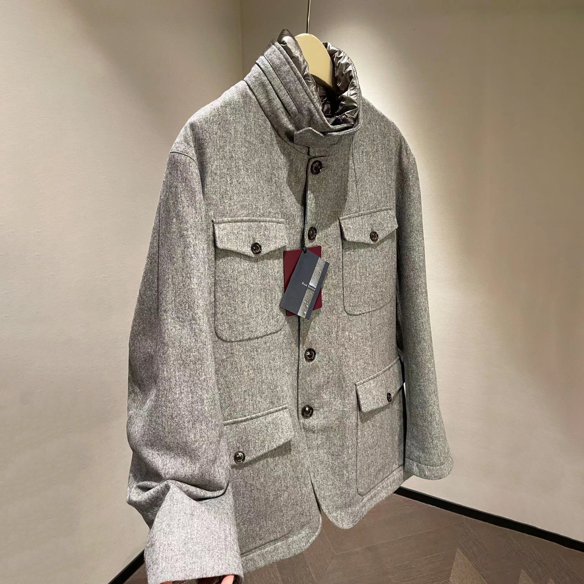 Montecore X Loro Piana Rain System Men's Winter Wool Tweed Fabric Hidden Hooded Puffer Down Jacket #97595