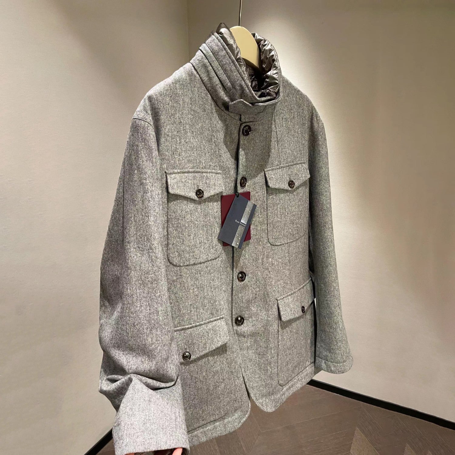 Montecore X Loro Piana Rain System Men's Winter Wool Tweed Fabric Hidden Hooded Puffer Down Jacket #97595