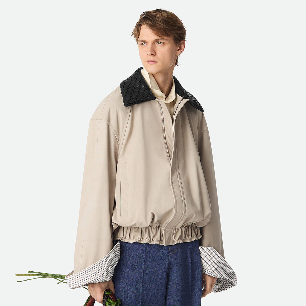 Bottega Veneta Men's Spring/Autumn Contrasting Collar Zipper Long Sleeve Leather Jacket #77115