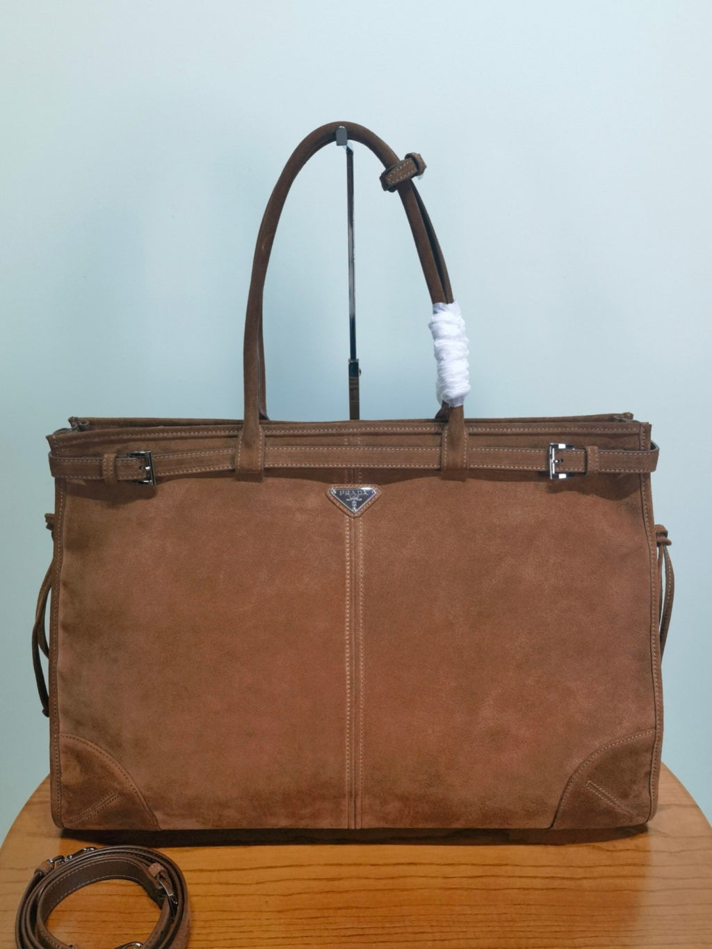 Prada Men's Bonnie Cowhide Tote Bag Suede Tote Bag Handbag Fashionable Belt Buckle Large Bags #84126A